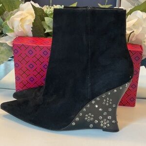 Tory Burch Black Wedge Boots with Crystal Studded Heel